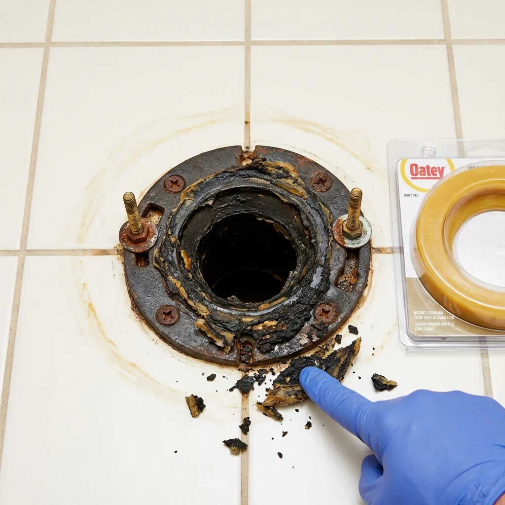 Failed wax ring showing water seepage at the base of a toilet in a Rockwood, MI home