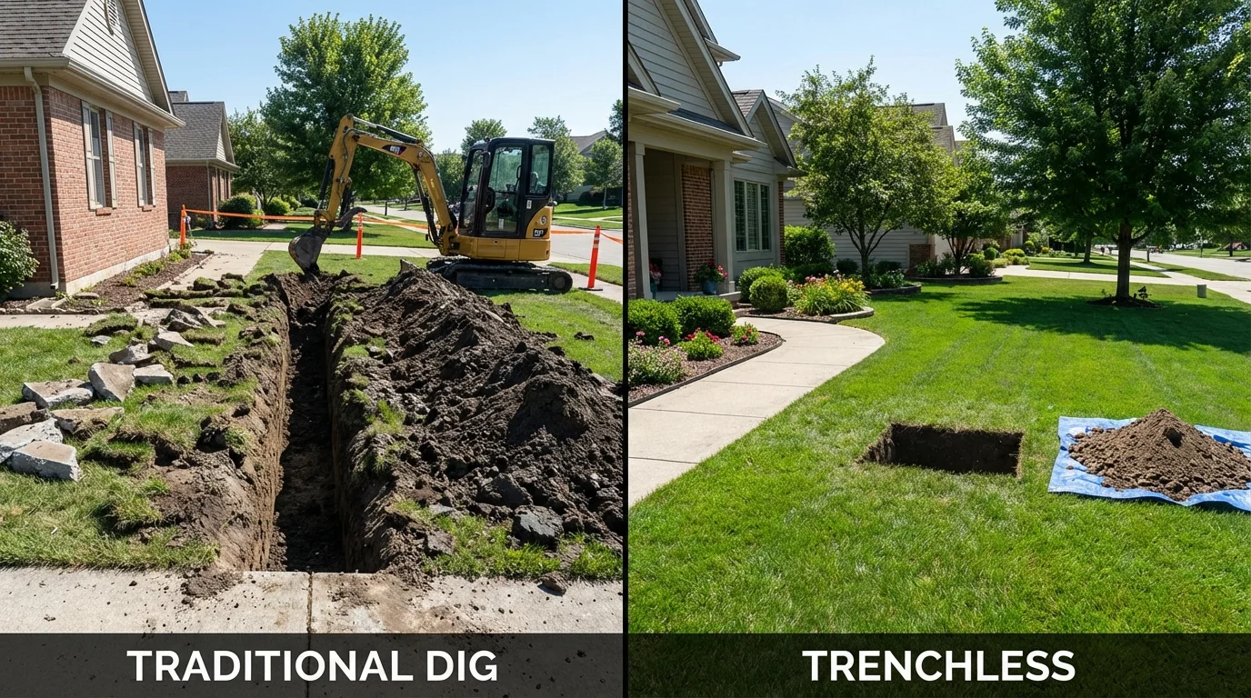 Trenchless sewer repair with minimal yard damage versus traditional excavation in Rockwood, MI
