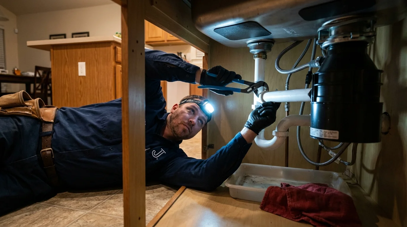 P-trap and supply line connections under a kitchen sink showing a common leak point in Rockwood, MI